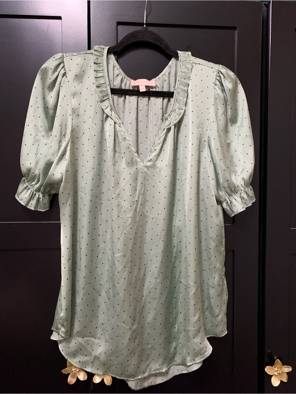 Blousology green Polka Dot Ruffle V-Neck Blouse feminine flirty